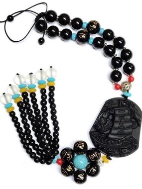 Black Obsidian Car Rearview Mirror Charm - Smooth Sailing Lucky Decor Excellent